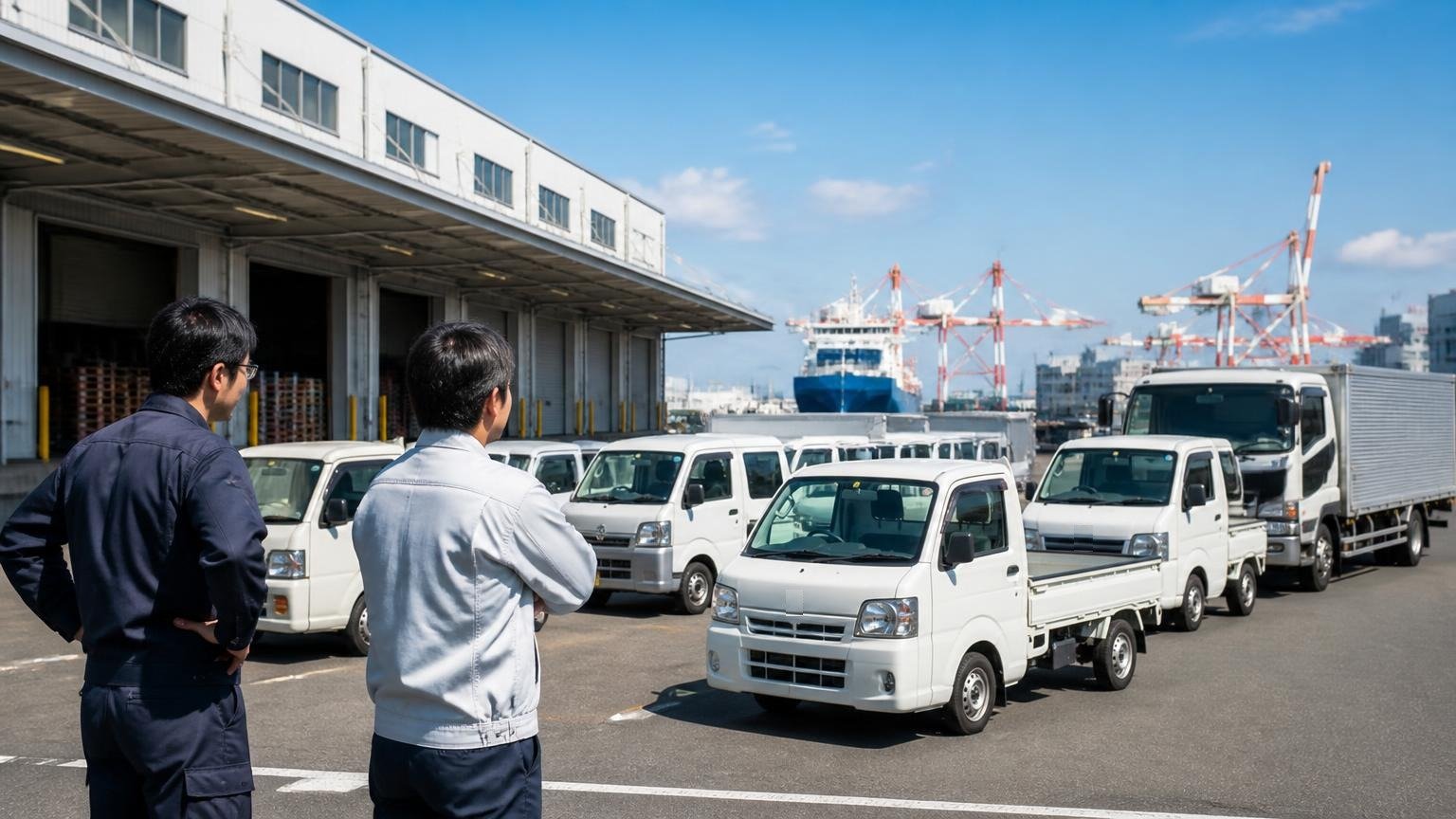 広島県の貨物車は約33万台、その6割が軽トラ・軽バン 港近くの物流倉庫の前に並んだ軽トラと4tトラックを眺める作業着の男性2人
