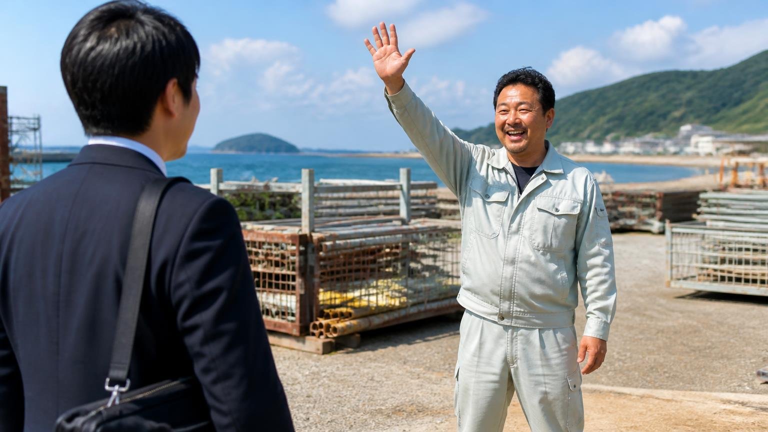 山口県のどこまで出張査定に来てもらえるか(下関・萩・離島も) 海沿いの資材置き場 到着した査定士を作業着の男性が大きく手を振って出迎える