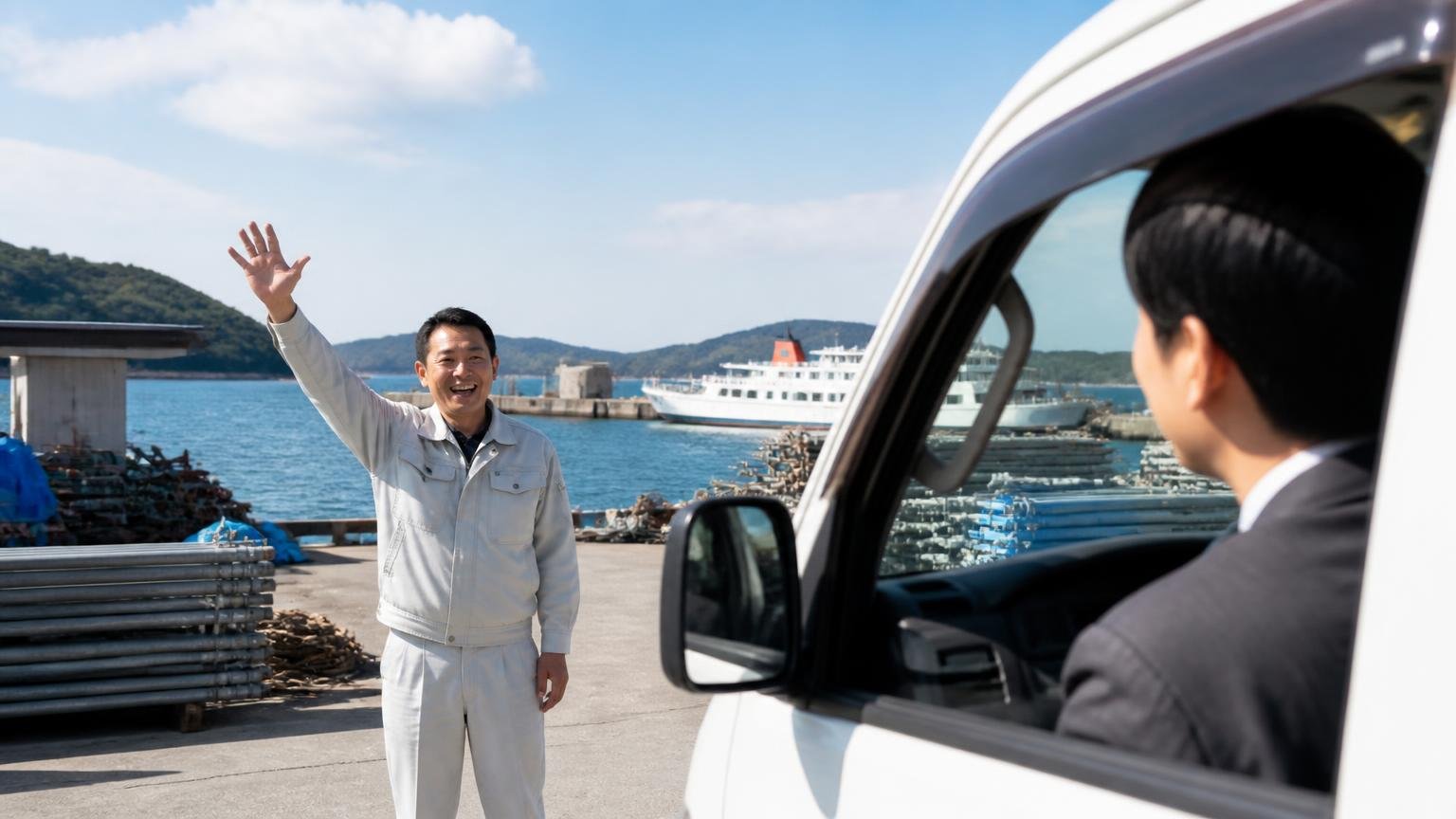 自分の所在地まで出張査定に来てもらえるか(小豆島・直島などの島も) フェリー乗り場近くの資材置き場 査定士を手を振って迎える作業着の男性