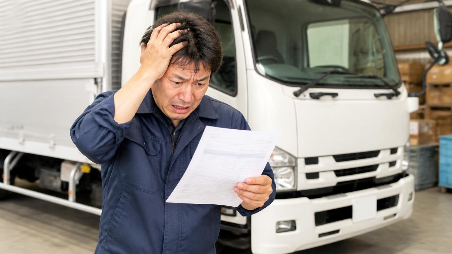 1社だけの査定で金額を決めない 車庫の4tトラックの前 男性ドライバー1人 見積書1枚を見つめて頭を抱える