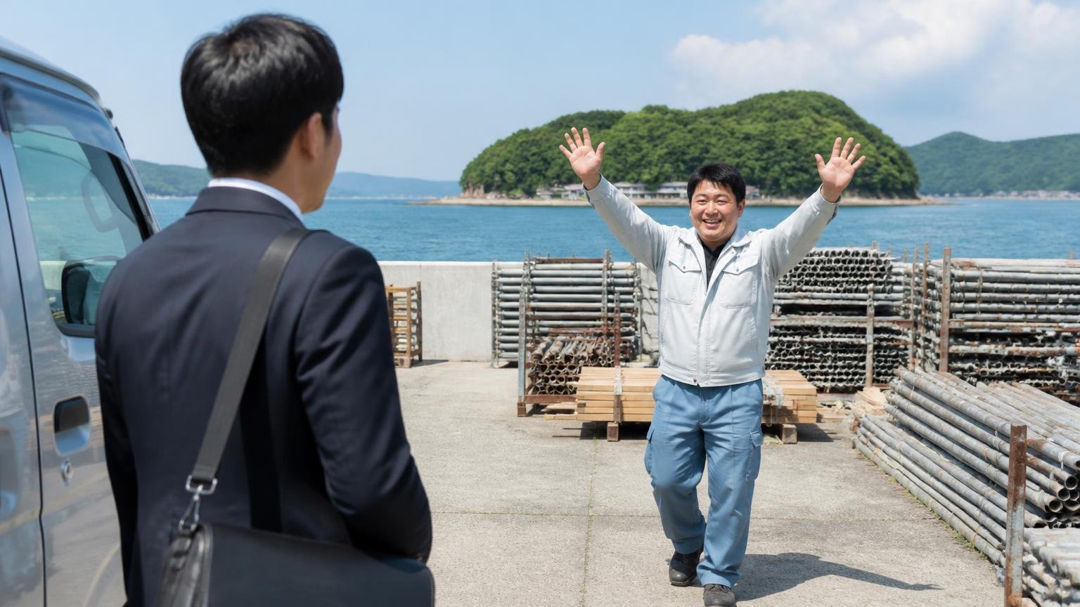 東予・中予・南予、島の町まで出張査定に来てもらえるか 海が見える島の資材置き場 到着した査定士を両手を振って迎える作業着の男性