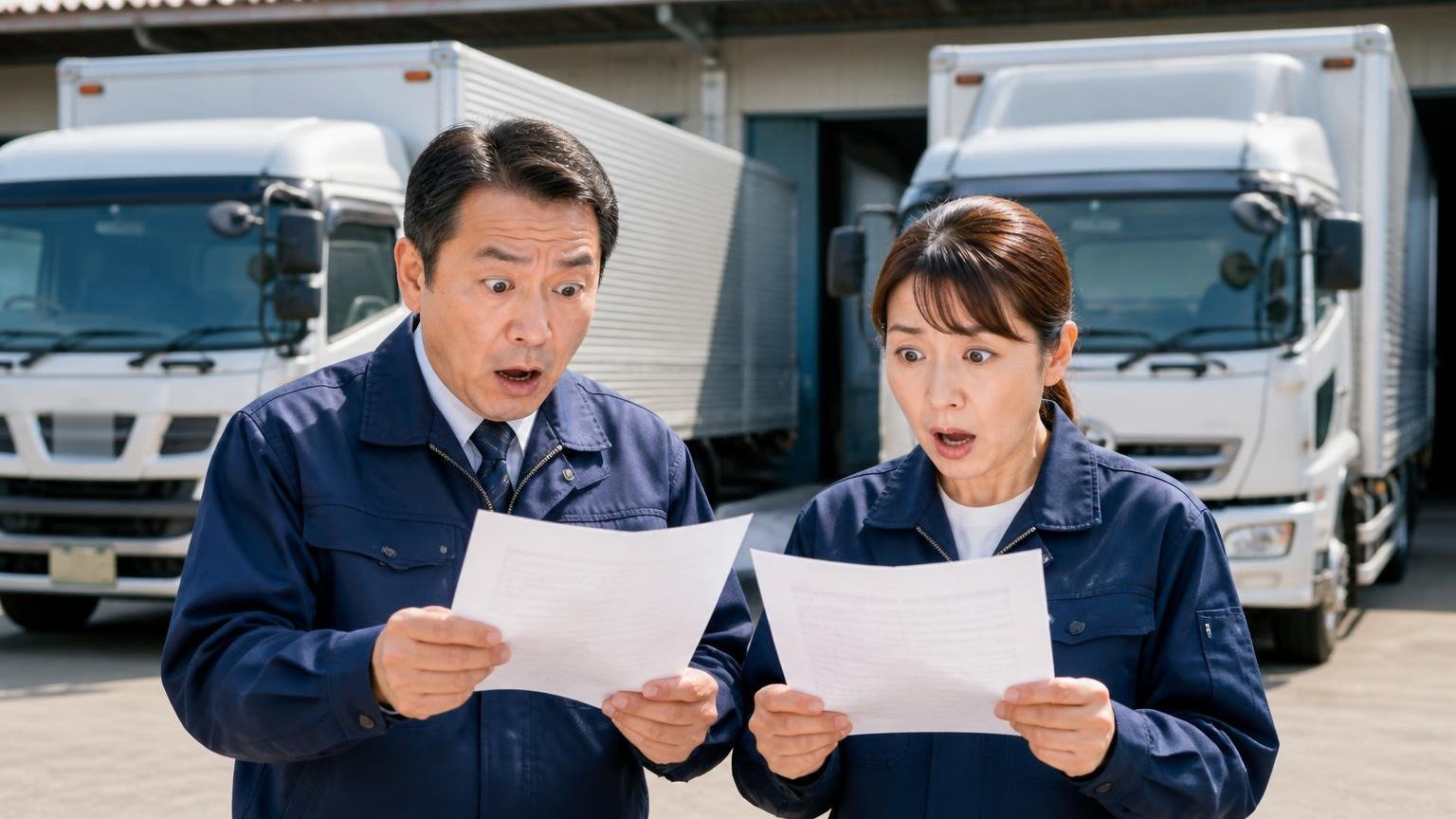 地元の業者と全国対応の業者を1社ずつ並べて比べる、営業所の車庫に停めた4tウイングトラックの前で、2社の見積書を見比べて目を見開く運送会社の夫婦