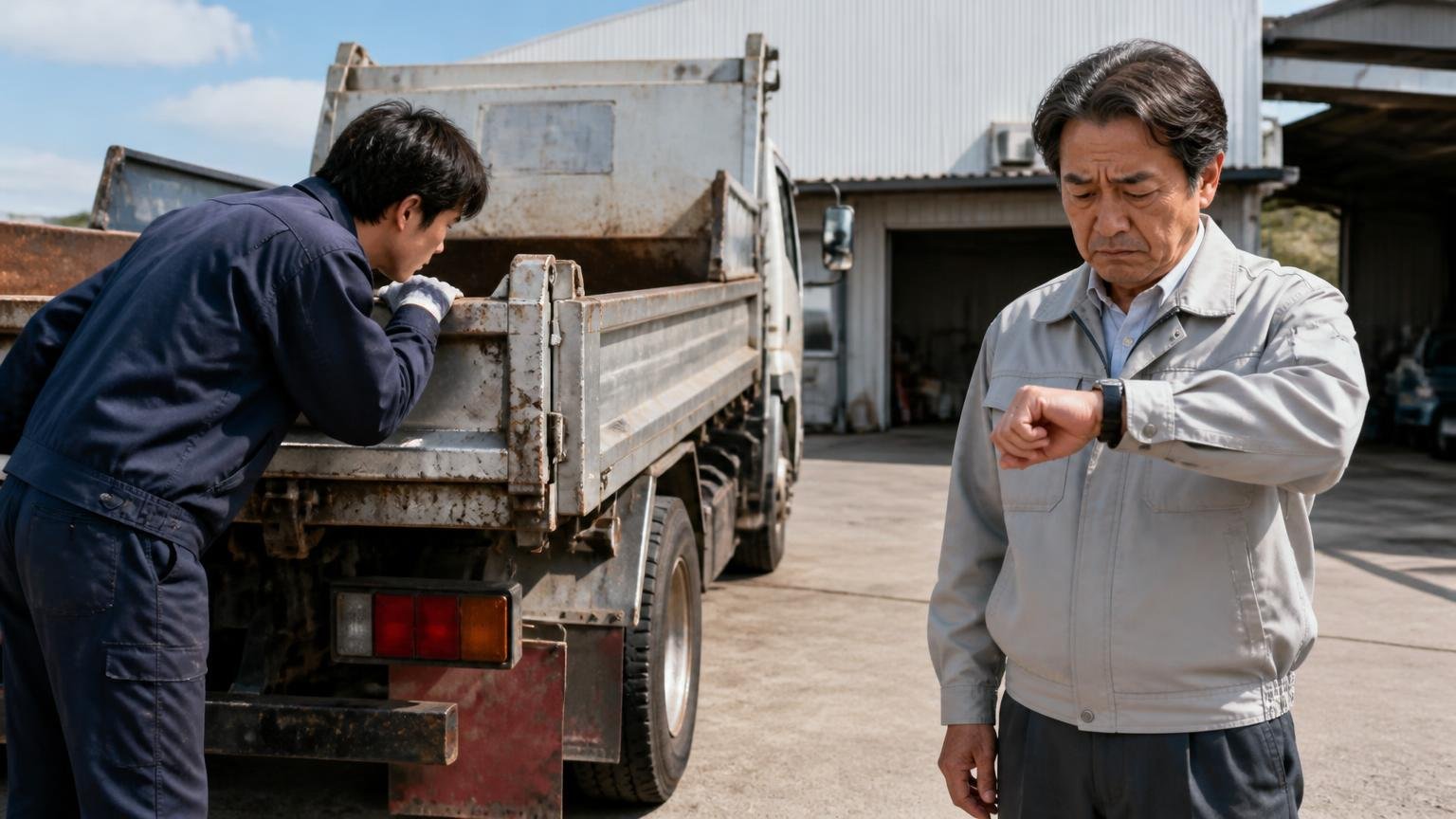 電話やネットの概算は「現車を見る前の数字」と心得る、車庫で4tダンプの荷台をのぞき込む査定スタッフと、腕時計を見ながら不安そうに待つ年配の男性経営者
