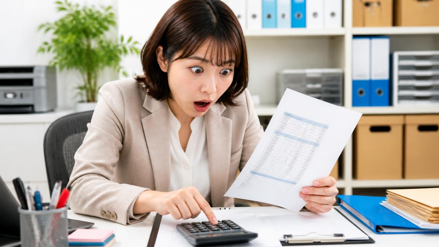 査定料・出張費・引き取り費・書類代行費が無料か 営業所の事務机 女性1人が見積書の費用欄を電卓で確かめて目を見開く