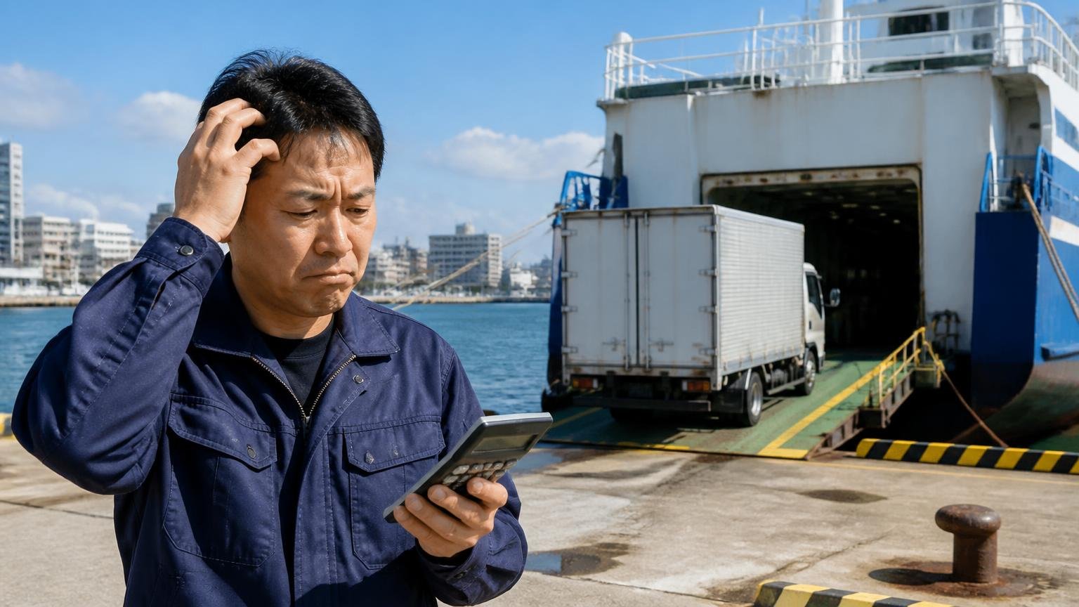本土へ運ぶフェリー代が金額に影響することがある 那覇の港でフェリーに積まれる4tトラックを見送る男性1人が電卓を手に渋い顔