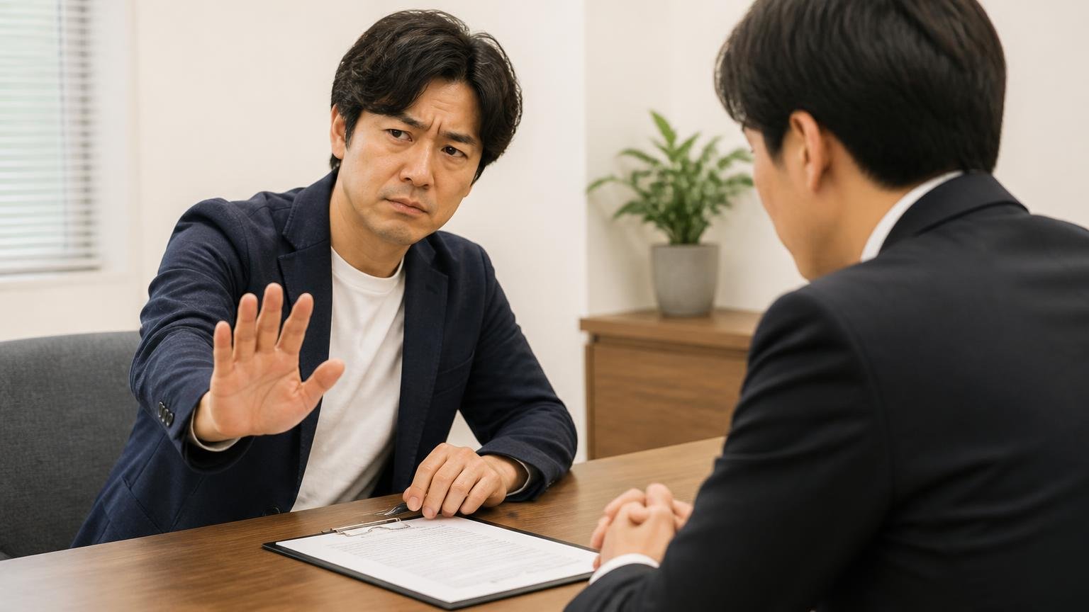 査定の場で即決しない、契約書のキャンセル条項を読む 営業所の応接テーブルで契約書を前にした場面 男性1人がペンを置いて手のひらを前に出し待ったをかける