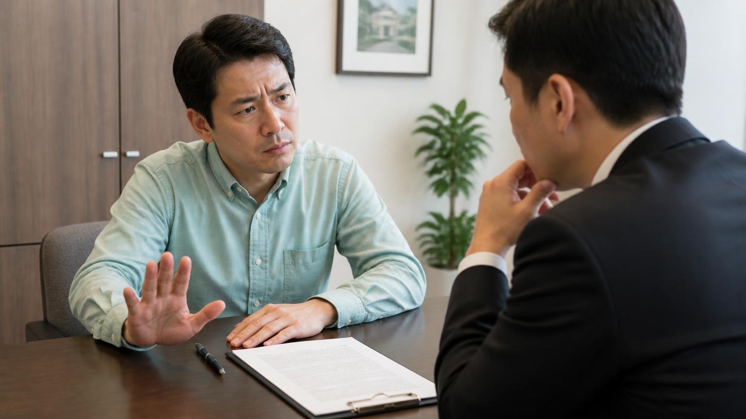 査定の場で即決せず、契約書のキャンセル条項を読む 営業所の応接テーブルで契約書を前にした場面 男性1人がペンを置いて手のひらを前に出す