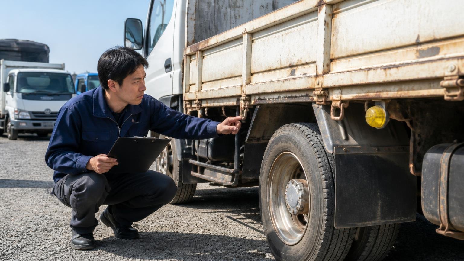 トラックを専門に扱う業者に見せる 屋外で古い2tトラックの荷台まわりを査定スタッフ1人がしゃがんで真剣に確認