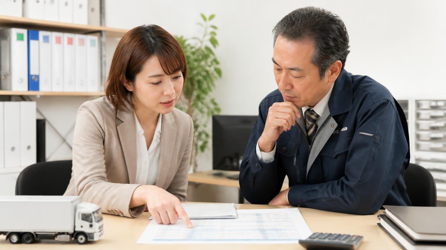事務所の机でトラックの見積書を指さしながら、費用の内訳を確認する30代女性と50代男性の2人