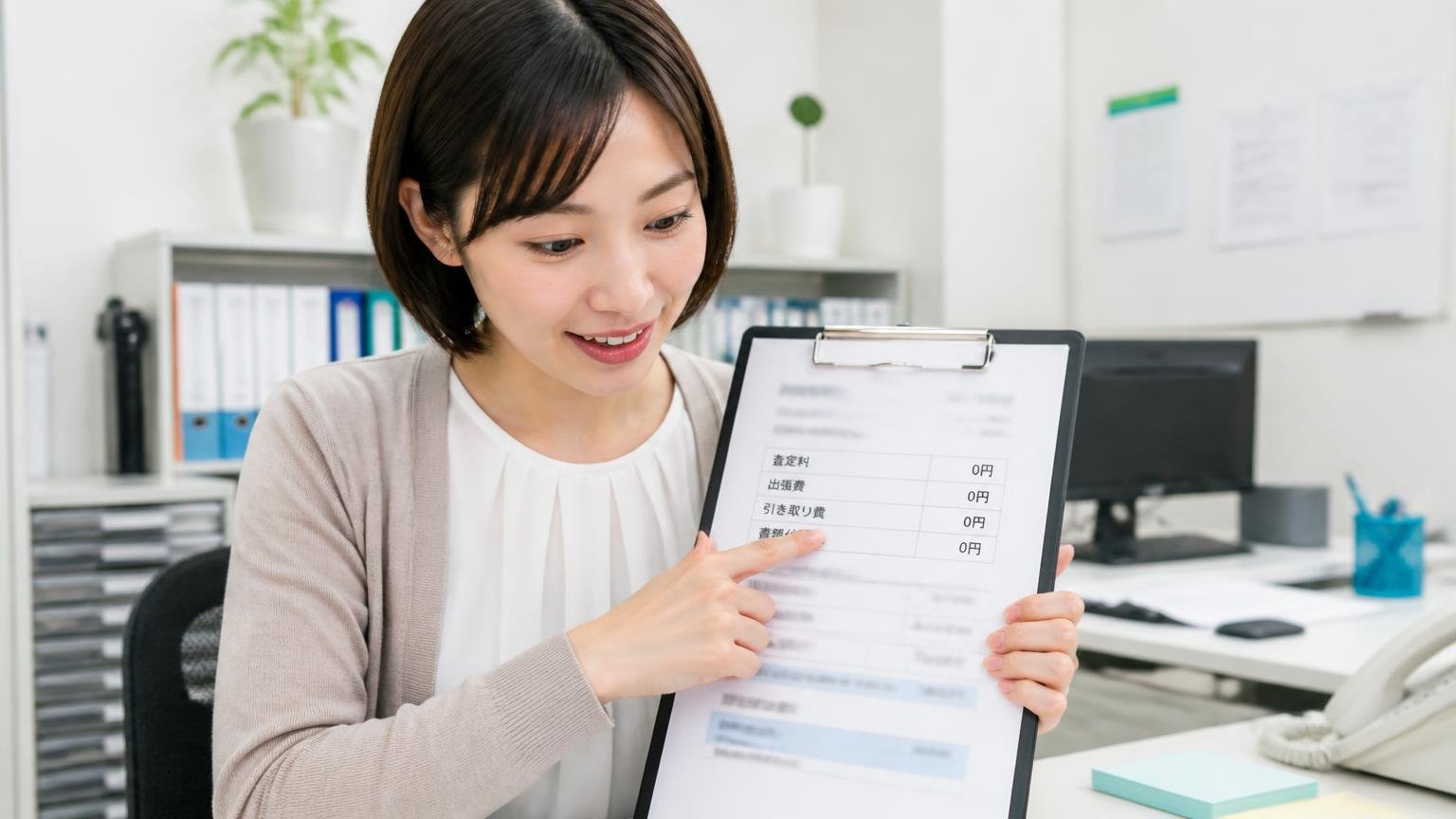 査定料・出張費・引き取り費・書類代行費がすべて無料か　益田市の事務所で見積書の「出張費0円」の欄を指でなぞり、ほっとした表情を見せる30代の女性事務員