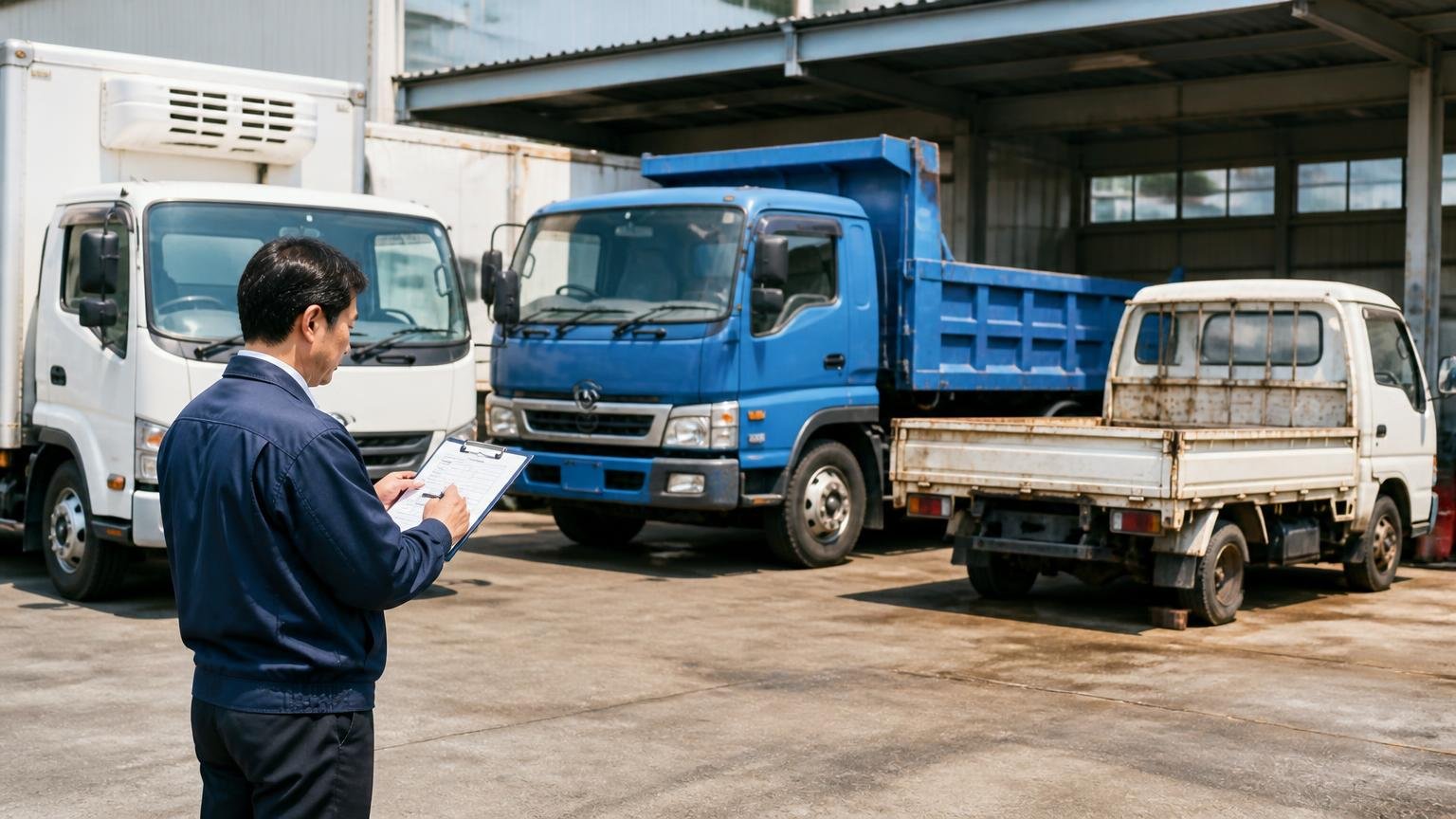 自分の車両（年式・走行距離・架装・不動）が買取対象に入っているか、車庫に並んだ冷凍車とダンプと不動の平ボディの前で、男性査定員が車種ごとにチェックリストを確認している