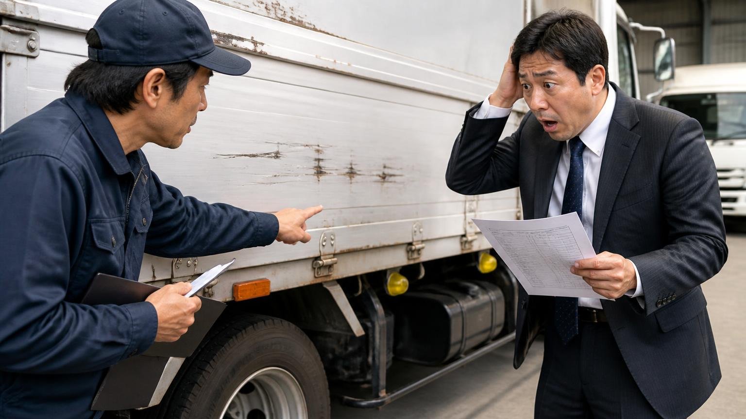 「契約後に減額された」の多くは、減額条件を書面で確認しなかったことが原因。車庫で4tトラックの荷台の傷を指差す査定員と、見積書を握りしめて青ざめる運送会社の男性社長