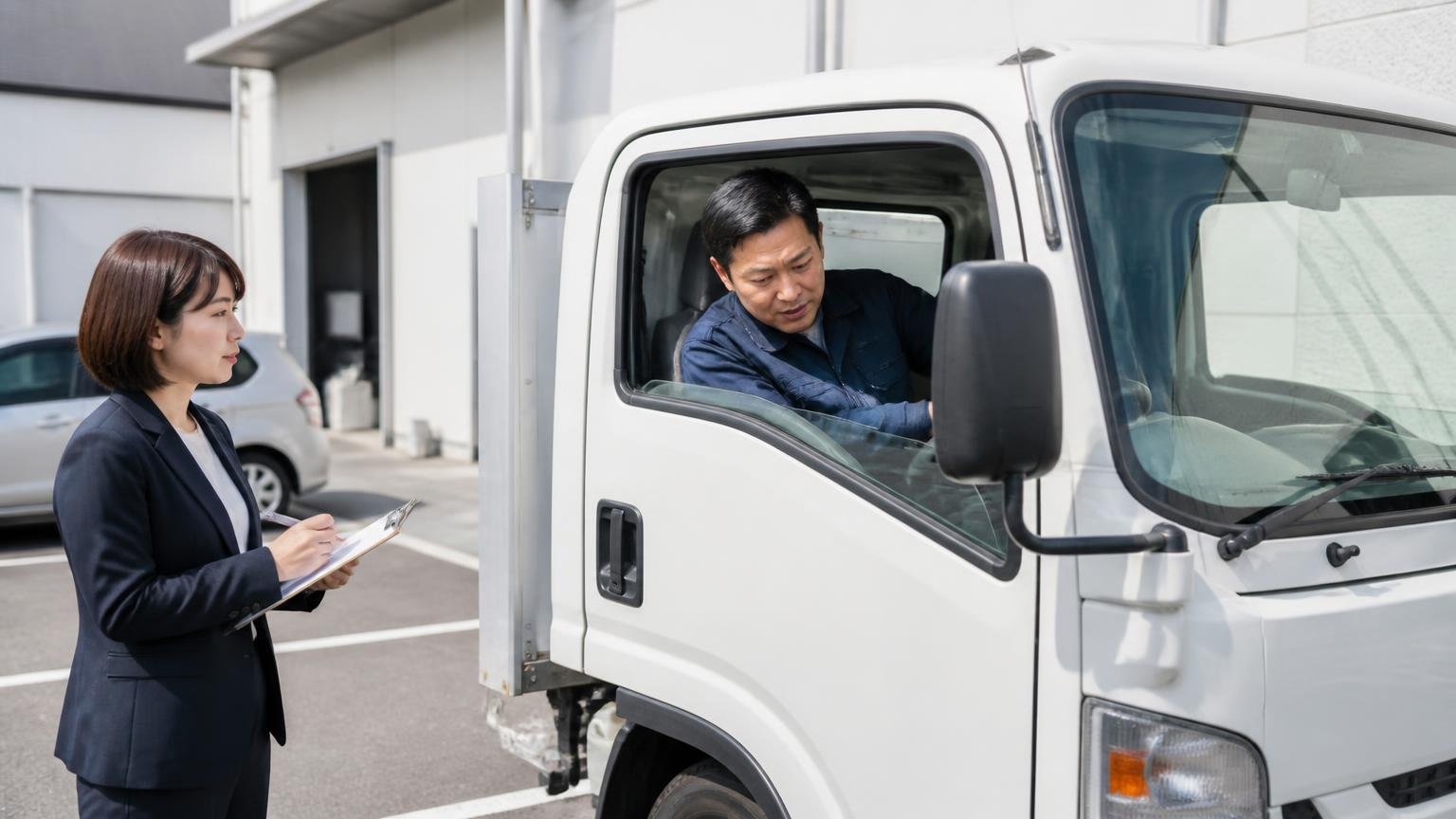 市内の買取店に出張査定を呼ぶ、営業所の駐車場で査定担当が2tトラックの運転席を確認し事務の女性が立ち会う