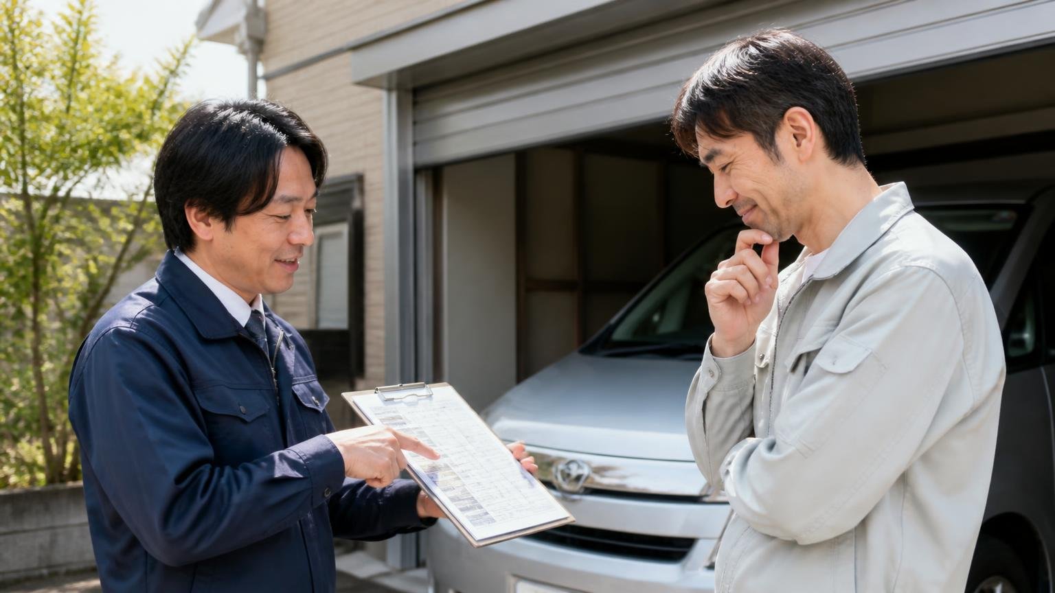 物差し②無料の範囲:査定料・出張費・書類代行・引き取りがどこまで0円か 車庫前で見積書の項目を指差し確認する屋外 事業主1人と査定士1人 納得して頷く