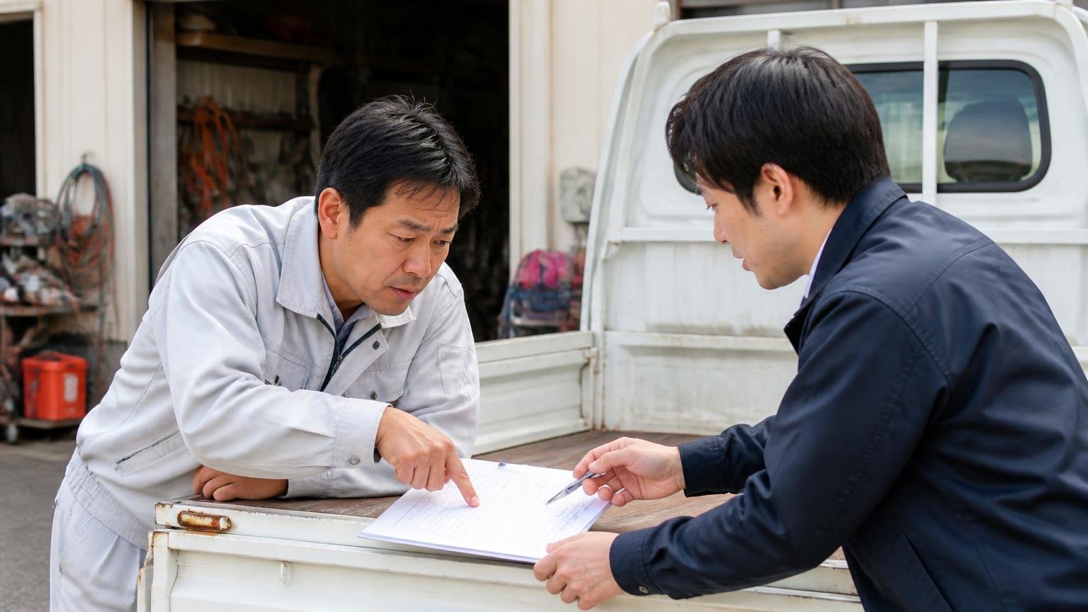無料の範囲を見積書で確認する|車庫の軽トラの荷台で見積書を指さし確認する作業着の男性と査定員の2人