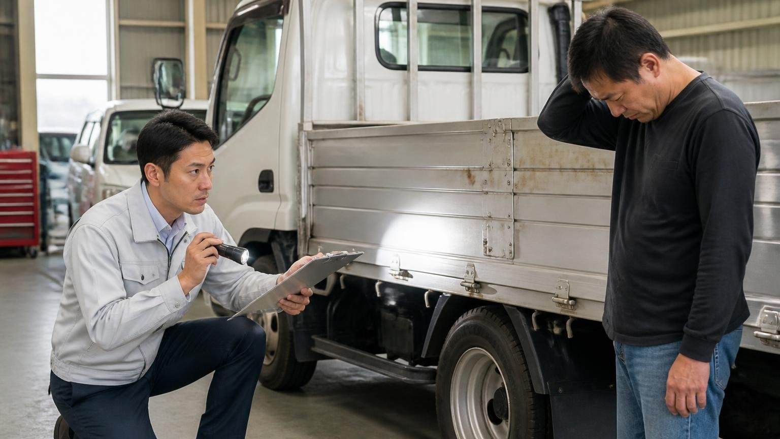 電話で聞いた金額より下がった契約後に減額されたはなぜ起きるのか 車庫 4tトラックの荷台をライトで照らす査定士と肩を落とす男性オーナー