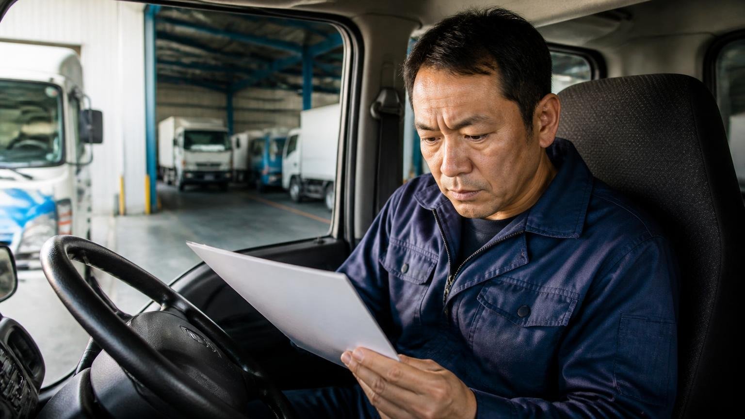電話の概算は現車を見ていない数字。早朝の車庫で運転席から電話を切った男性が手元の書面を真剣な顔で見直す