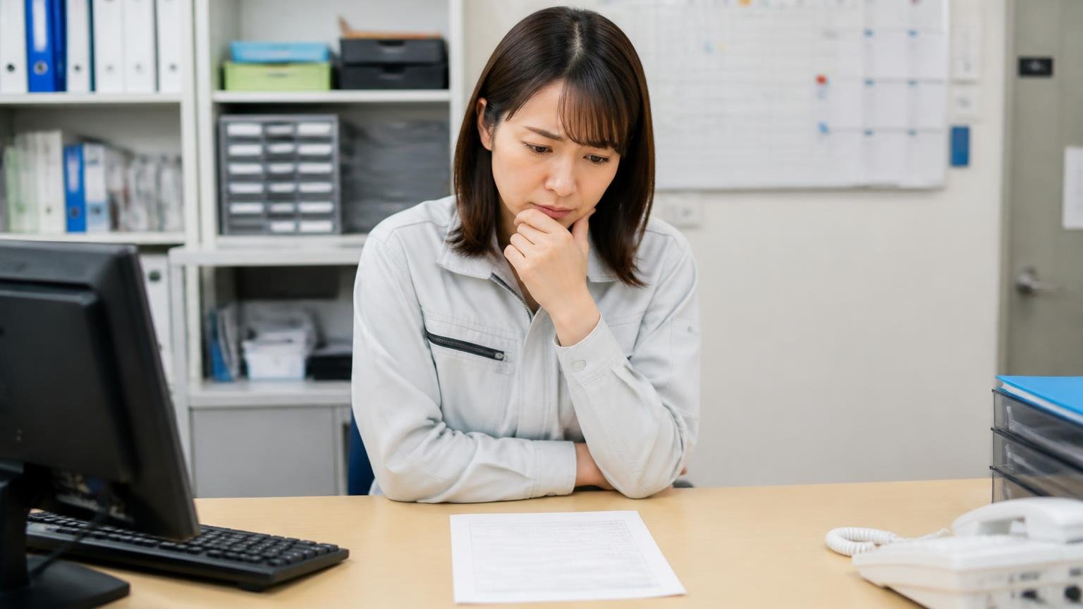 1社の金額だけで高い安いを決める 運送会社の事務所の机 事務担当の女性1人 1枚だけの見積書を前に腕組みして考え込む