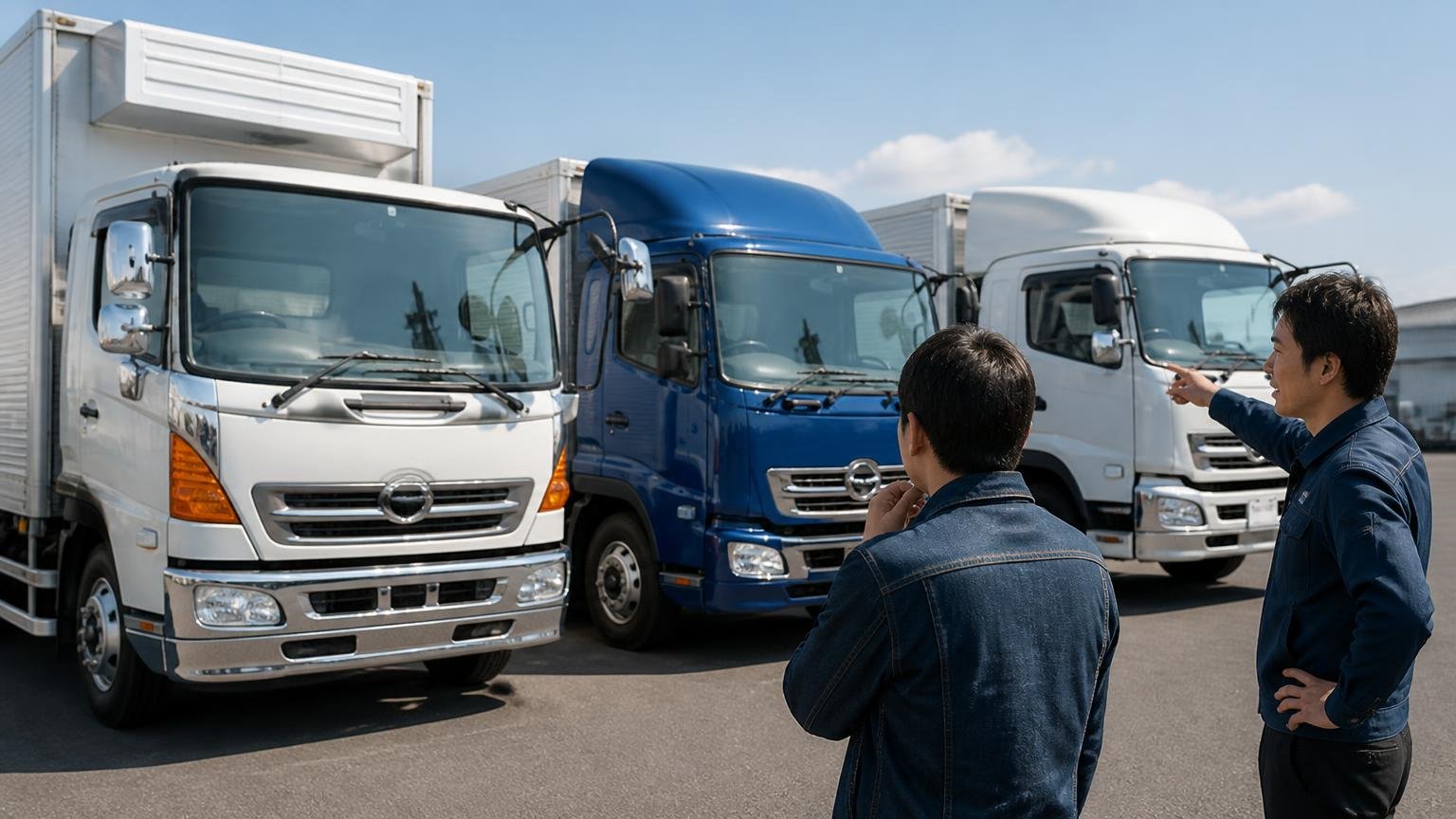 専門店・リサイクル系・全国型で高く買える車両が違う、トラック展示場で3種類のトラックを見比べる男性2人
