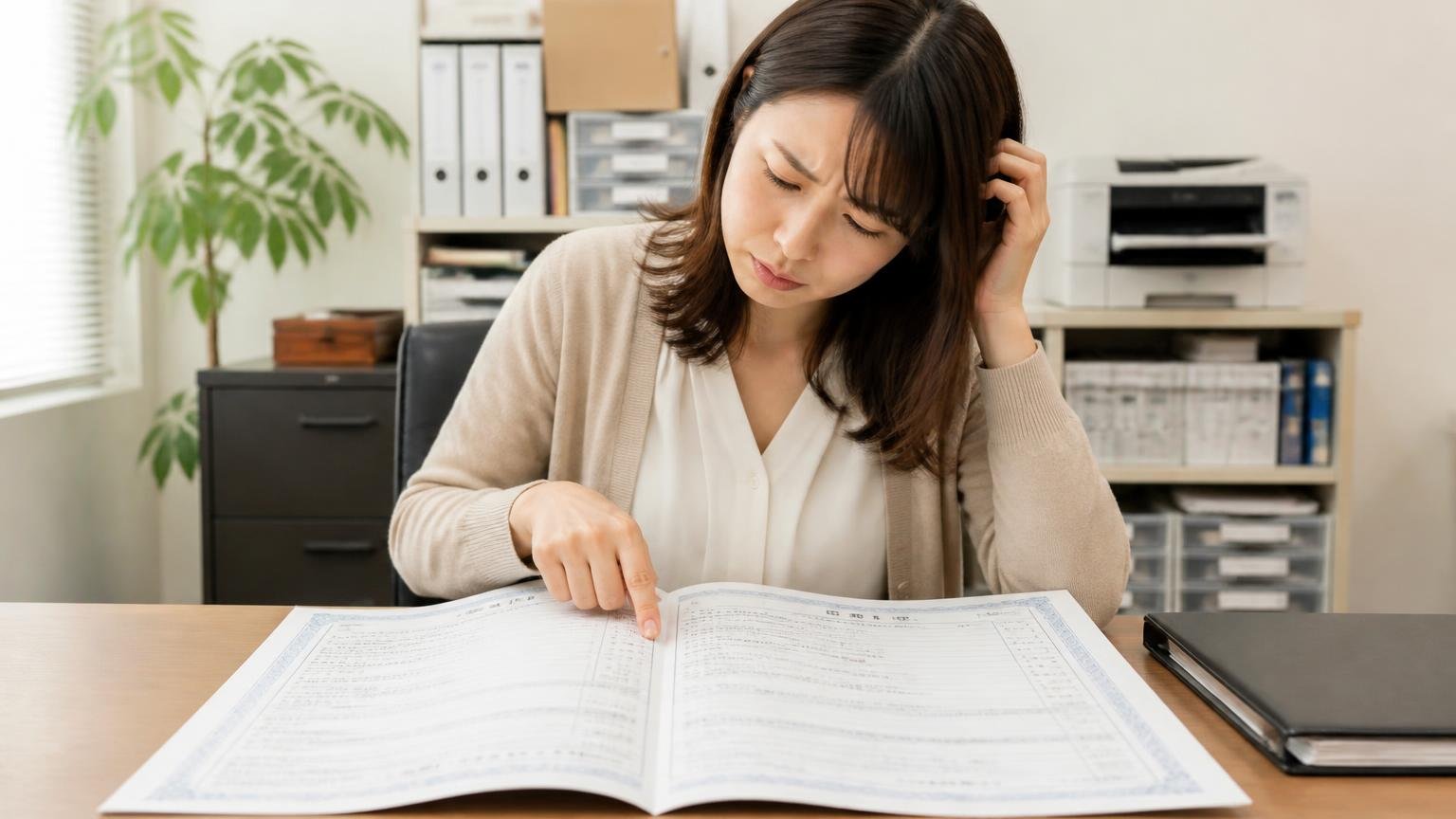 口コミを読む前に確認する2つ、古物商許可の表示と車検証の所有者欄。事務所の机で車検証を広げ、事務員の女性が所有者欄を指差して首をかしげる