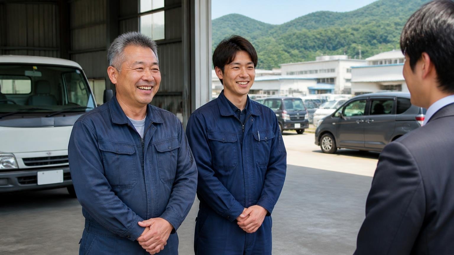 広島市・東広島・呉など県西部は「地元業者」と「全国対応」を並べやすい 工業団地の車庫で査定員を出迎える作業着の中年男性と若手社員の2人