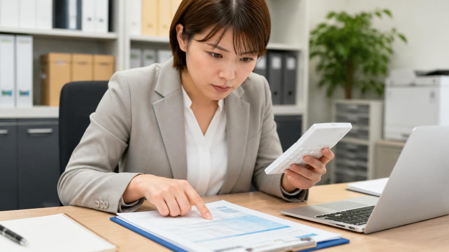 査定料・出張費・引き取り費・書類代行費がすべて無料か 事務所の机 見積書の項目を電卓片手に1行ずつ指で追う事務担当の女性が真剣な表情
