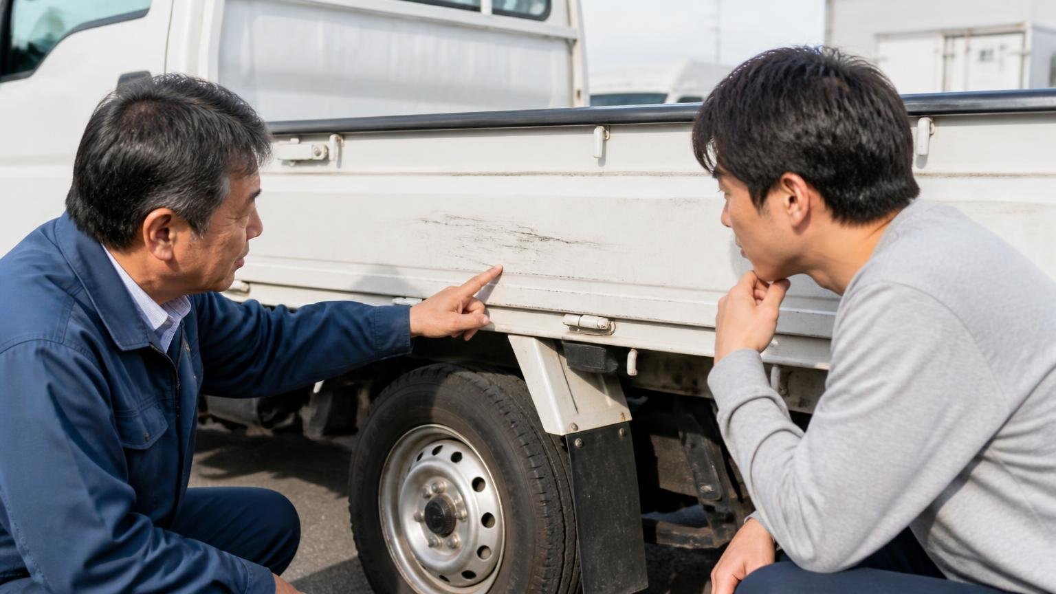 車の情報は、良いことも悪いことも先に伝える トラックの荷台まわりの屋外 男性2人 傷を指さして正直に説明