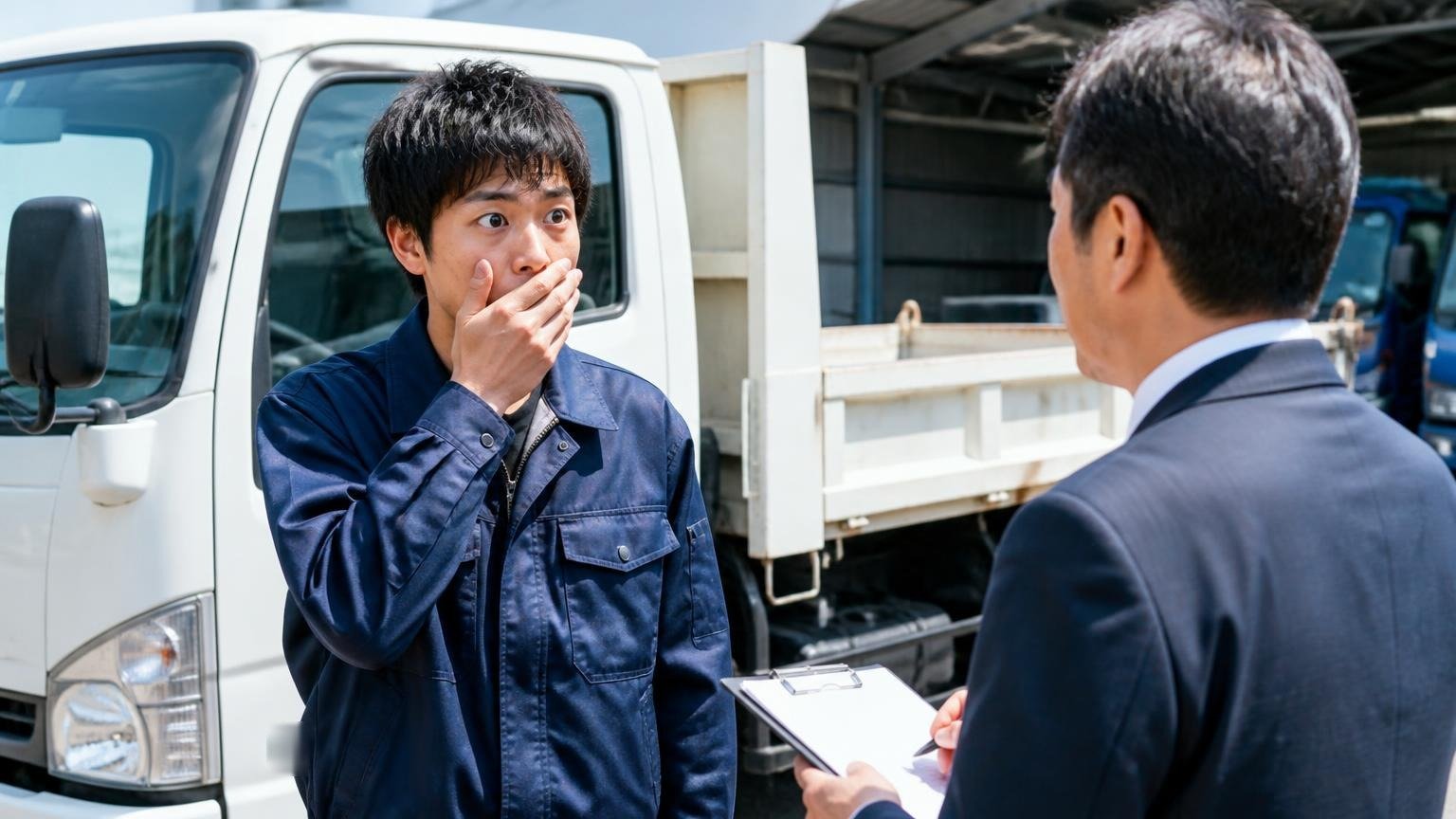 希望額を先に言わず、全社の金額が出そろうまで待つ、車庫で2tダンプの横に立ち、査定士に希望額を聞かれて思わず口を押さえる20代男性ドライバー