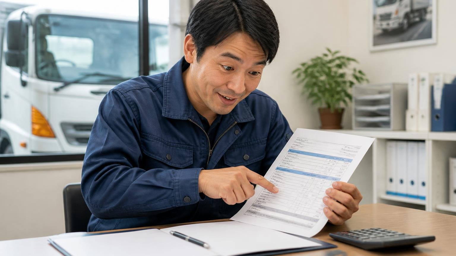 見積書で「無料の範囲」とリサイクル預託金の扱いを確かめる、トラック買取業者の事務所で、作業着の男性が見積書の項目を指でなぞりほっとする場面
