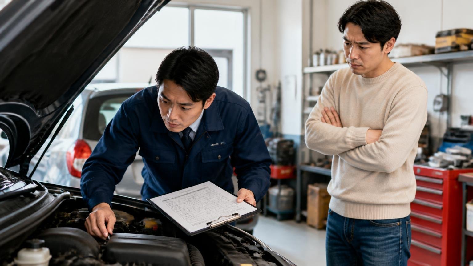 見積もりを書面でもらえて、金額が下がる条件が書かれているか 車庫でエンジンルームをのぞき込む査定員と 腕を組み不安そうに見守るドライバー
