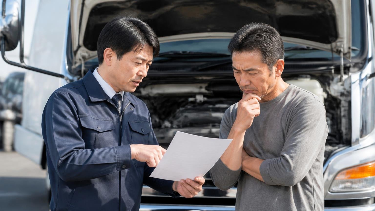 見積もりを書面でもらえて、減額の条件が書いてあるか トラックのエンジンルームの前 査定員と持ち主の男性2人が書類を見て話し込む