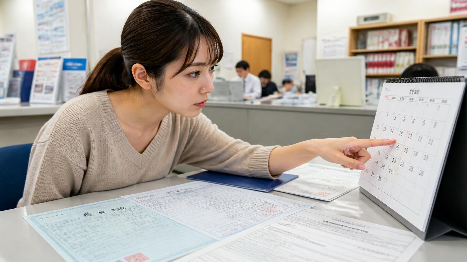 名義変更や抹消がいつ終わるかを書面で確認する 事務所の机に車検証と書類を並べた場面 女性1人がカレンダーの日付を指さして真剣な表情で確認する