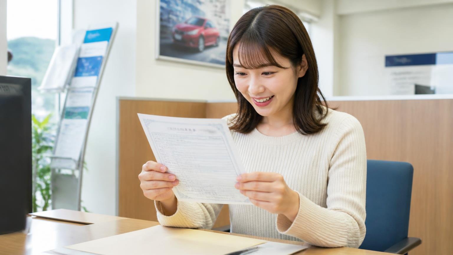 名義変更が終わったことを書面で確かめる 事務所の机で車検証の写しを受け取り安心した表情で確認する女性1人