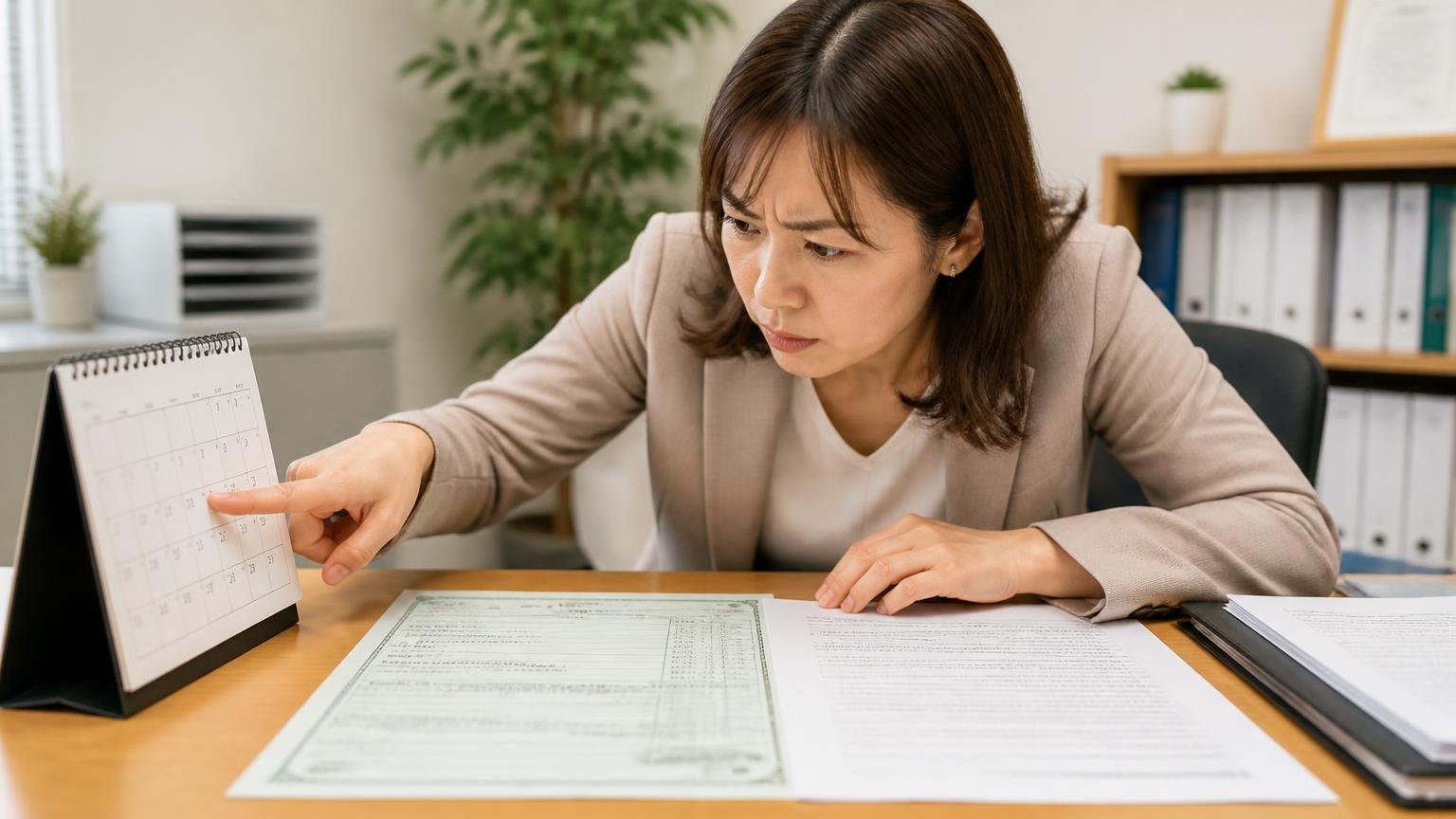 名義変更や抹消が終わったことを書面で確かめる 事務所の机に車検証と書類を並べた場面 女性1人が卓上カレンダーの日付を指さして真剣に確認する