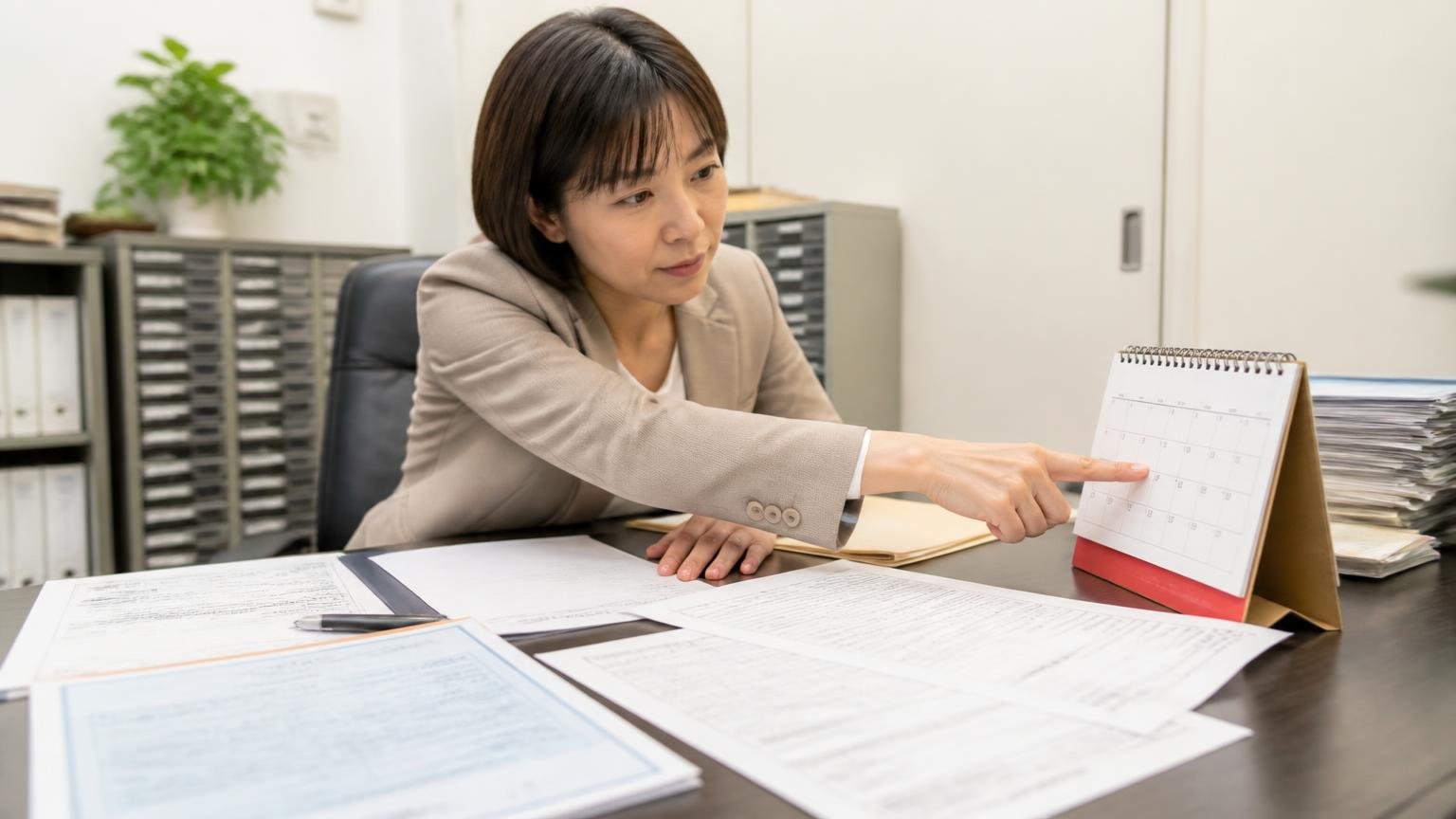 名義変更や抹消がいつ終わるかを書面で確認する 事務所の机に車検証と書類を並べた場面 女性1人がカレンダーの日付を指さして真剣な表情