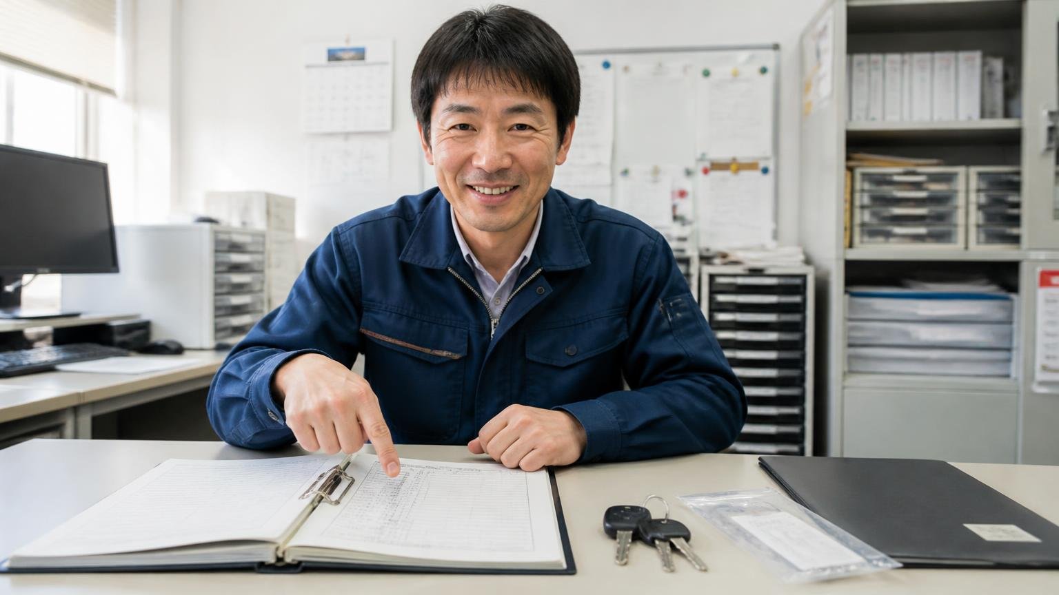 整備記録と付属品をそろえ不具合は先に伝える 事務所の机に整備記録簿とスペアキーを並べ男性1人が指さし確認して笑顔