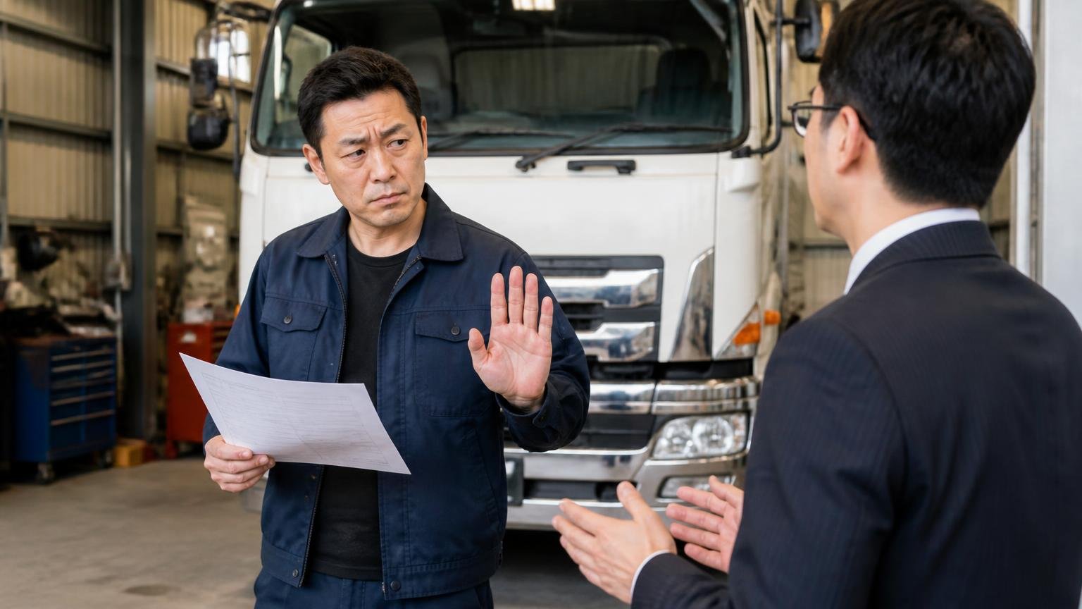 査定の場で即決せず、キャンセルの条件を確かめる 車庫の大型トラックの前で男性が契約書を手に査定員へ待ったをかける