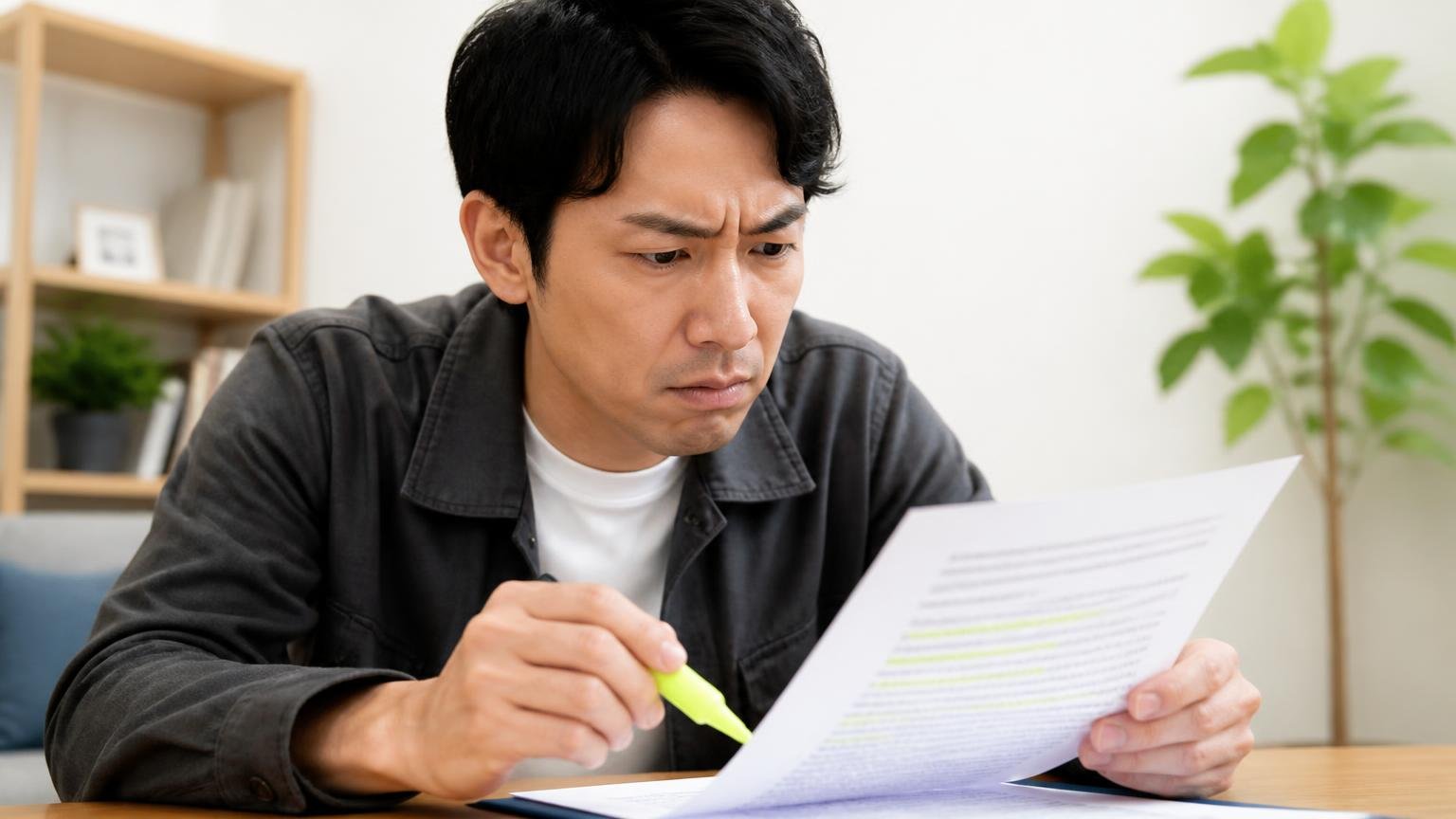 「どんな場合にいくら減額されるか」を契約前に書面で示してくれるか 契約書の減額条項を蛍光ペンで確認する男性1人、眉をひそめる表情