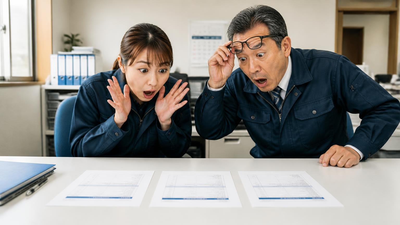 評判の良い業者=自分のトラックを高く買う業者とは限らない。営業所の机に3枚の見積書を並べ、金額の差に目を見開く運送会社の女性事務員と男性社長