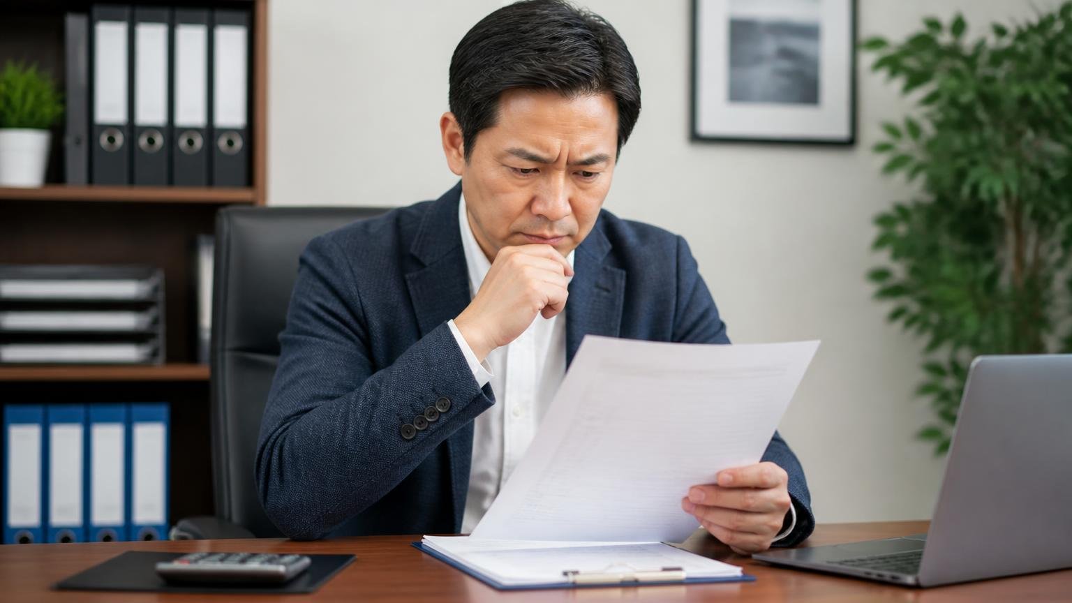 物差し③減額条件と名義変更の期限を書面で出してくれるか 事務所の机で売買契約書の条件欄を読む場面 経営者1人 眉をひそめて慎重に確認