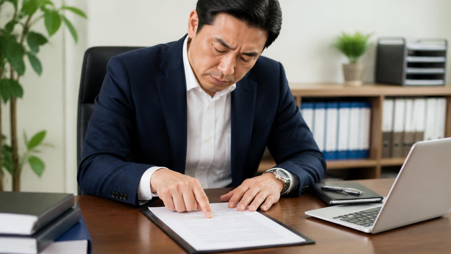 減額の条件とキャンセル料は契約前に書面で確認する|事務所の机で契約書のキャンセル条項を指で追う男性経営者1人が真剣な表情