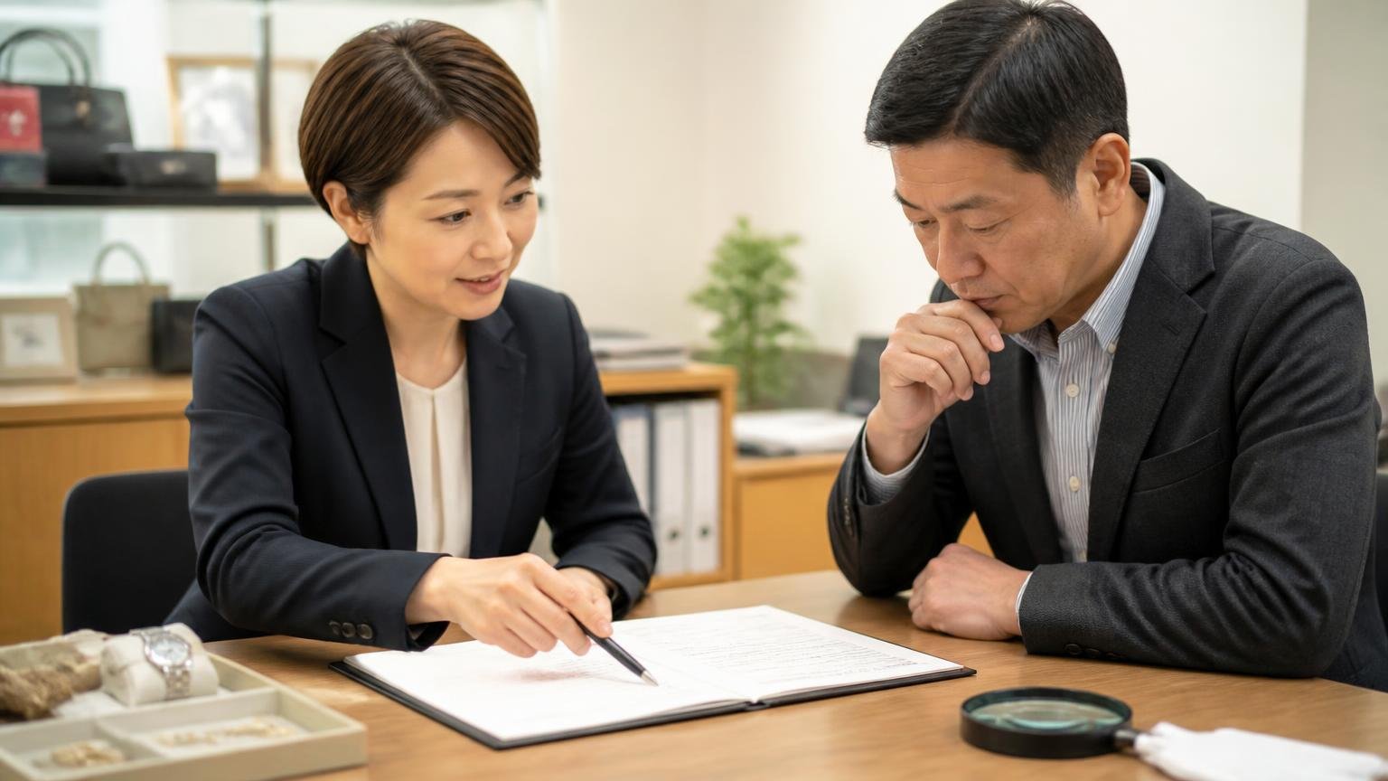 契約前に書面で確認する5つの項目 事務所の机 買取契約書を広げペンで項目を指さして確認する女性事務員と査定士