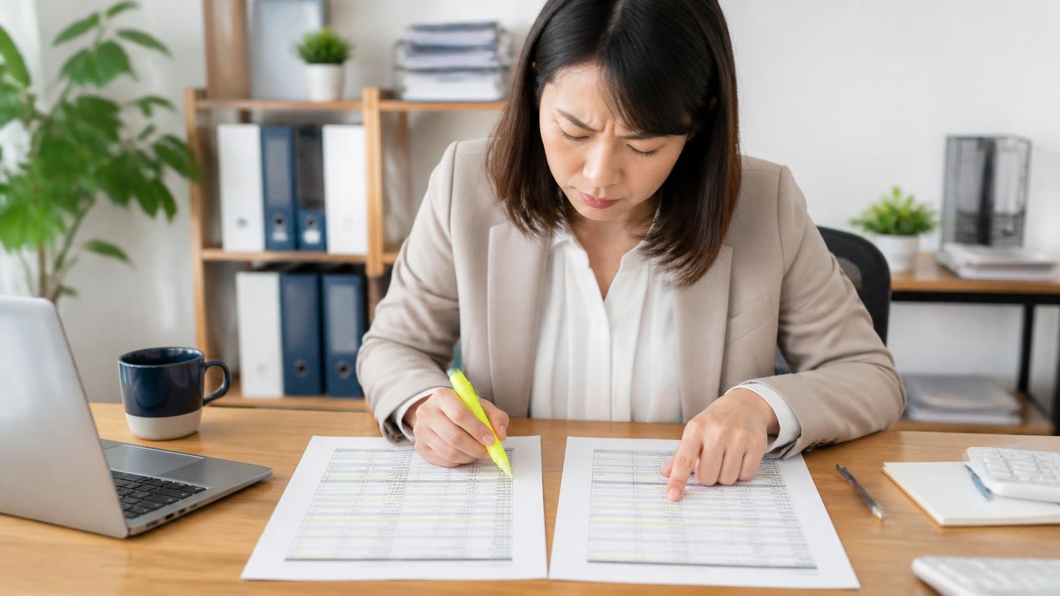 無料の範囲と入金日を同じ土俵で比べる。事務所の机に2枚の見積書を並べ、蛍光ペンで項目を確認する女性