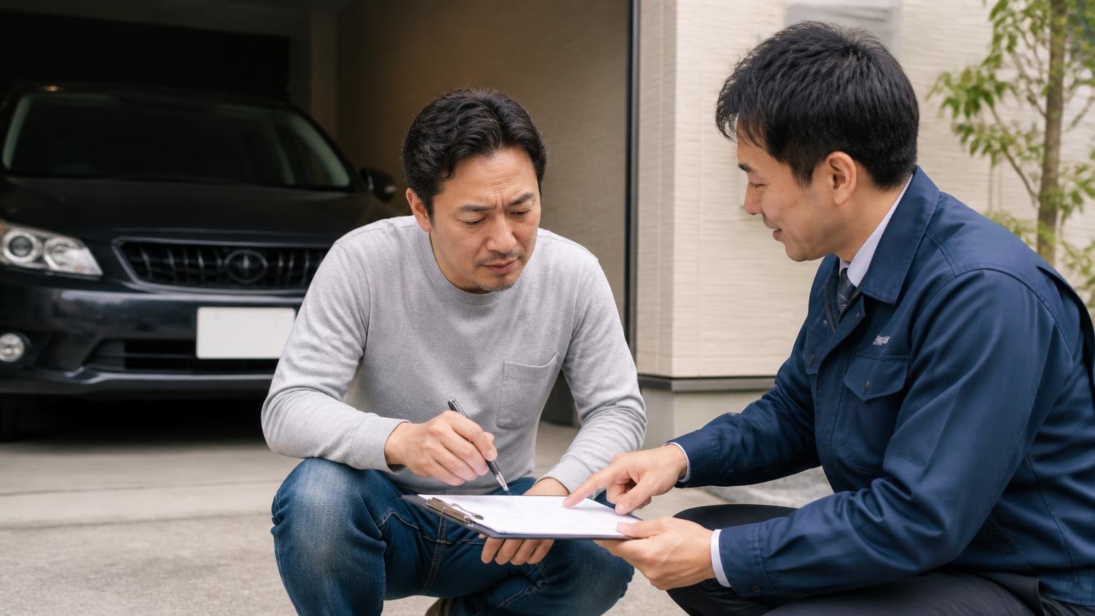 書面で確認する4点、無料の範囲・減額条件・名義変更の期日・入金日。車庫の前で査定士と依頼者の男性2人が見積書に印を付けながら確認する
