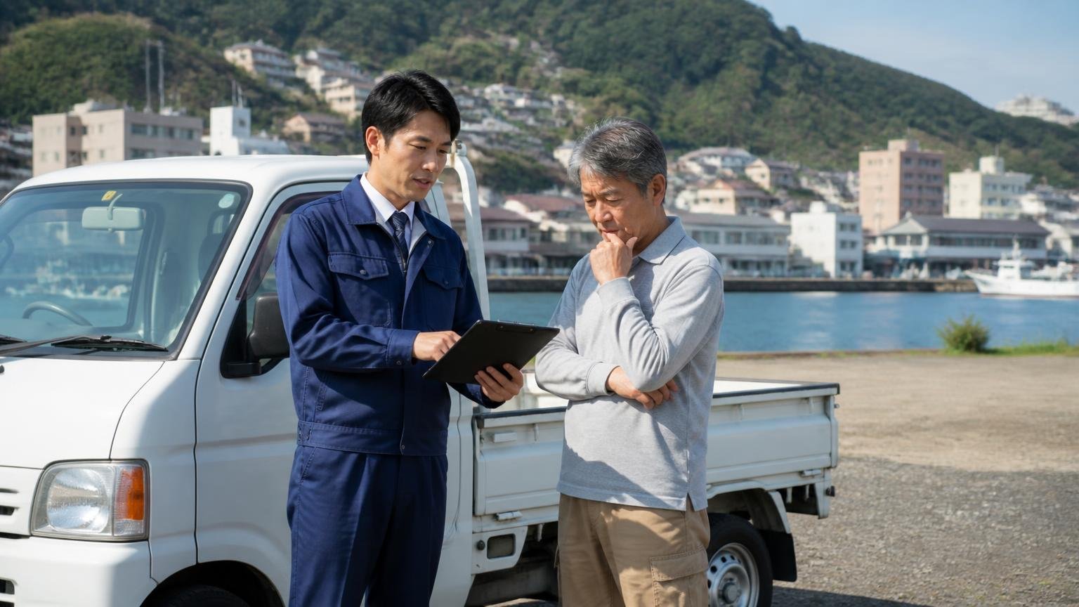 福山・尾道・三原など備後は岡山の業者も比べる相手になる 尾道の港近くの空き地に停めた軽トラの横で査定の説明を聞く年配の男性1人