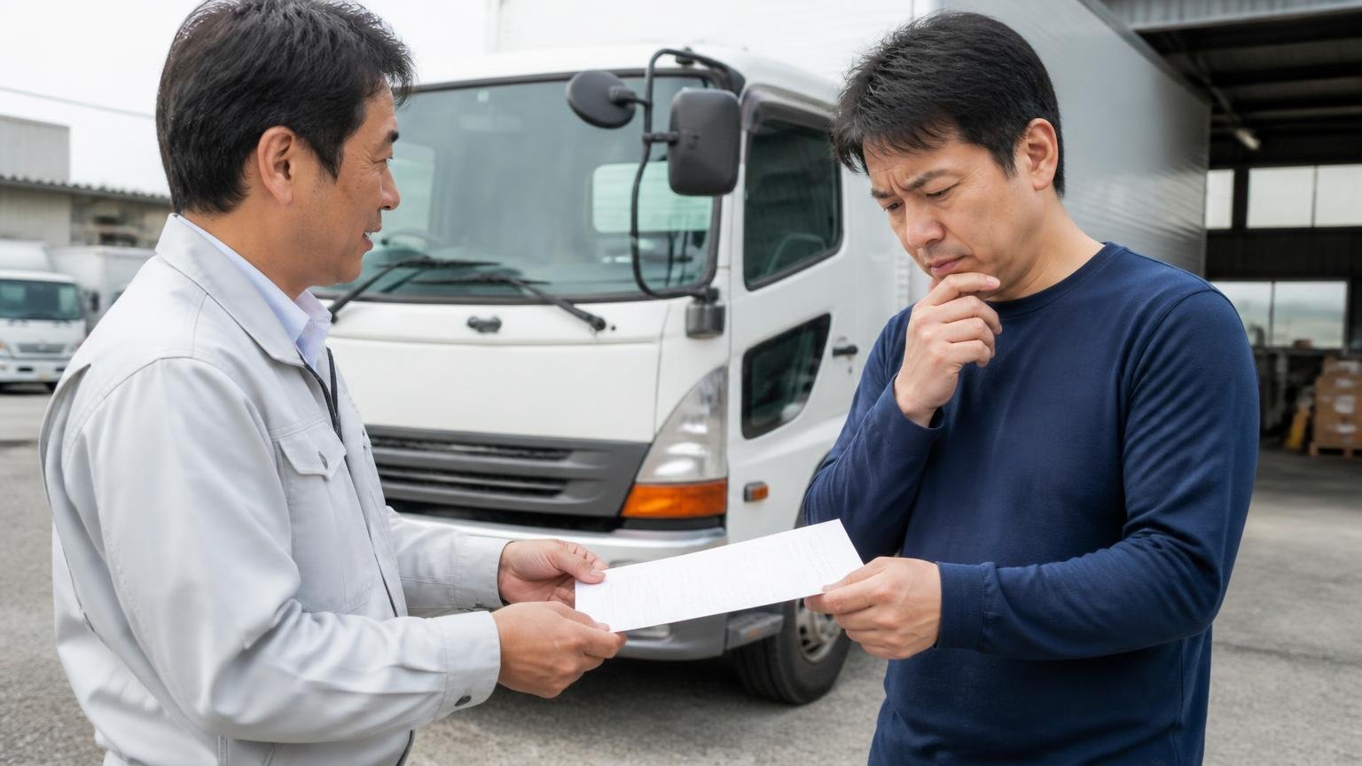 見積もりを書面でもらえて、減額の条件が書いてあるか 車庫に停めた4tトラックの前 査定士から見積書を受け取った男性が眉をひそめて金額を見つめる
