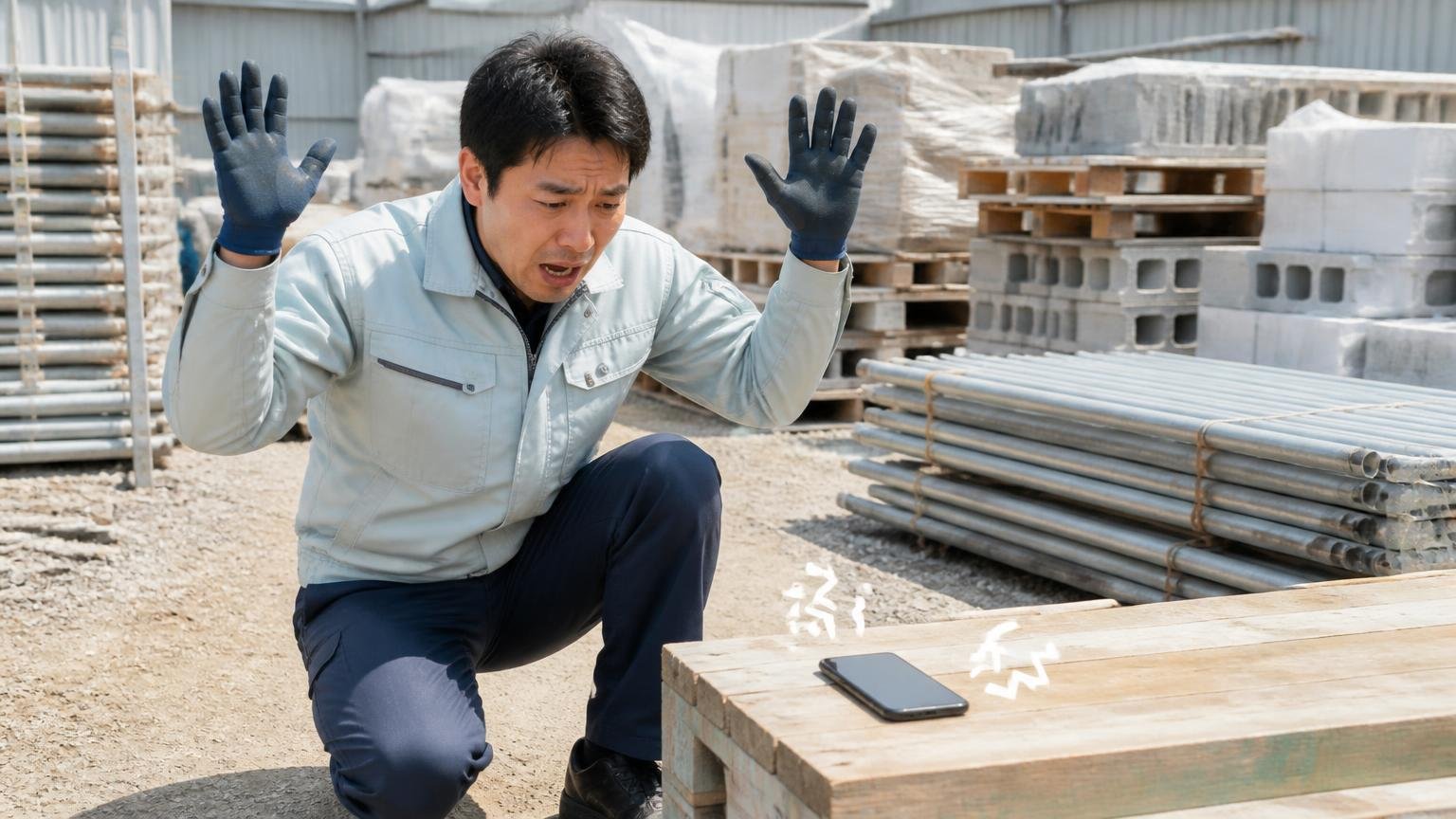 営業電話が苦手なら連絡方法を先に伝える 資材置き場の作業現場 男性作業員1人 鳴り続けるスマホに困り顔で両手を上げる