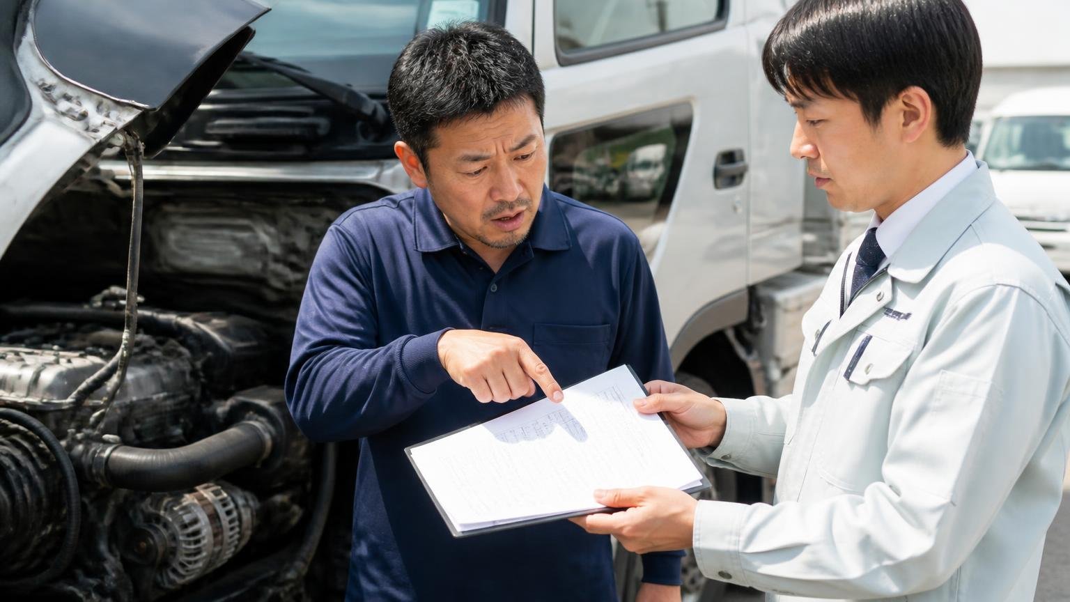 見積もりを書面でもらえて、金額が下がる理由が書かれているか トラックのエンジン脇 査定士から書面を受け取り指さして確認する男性