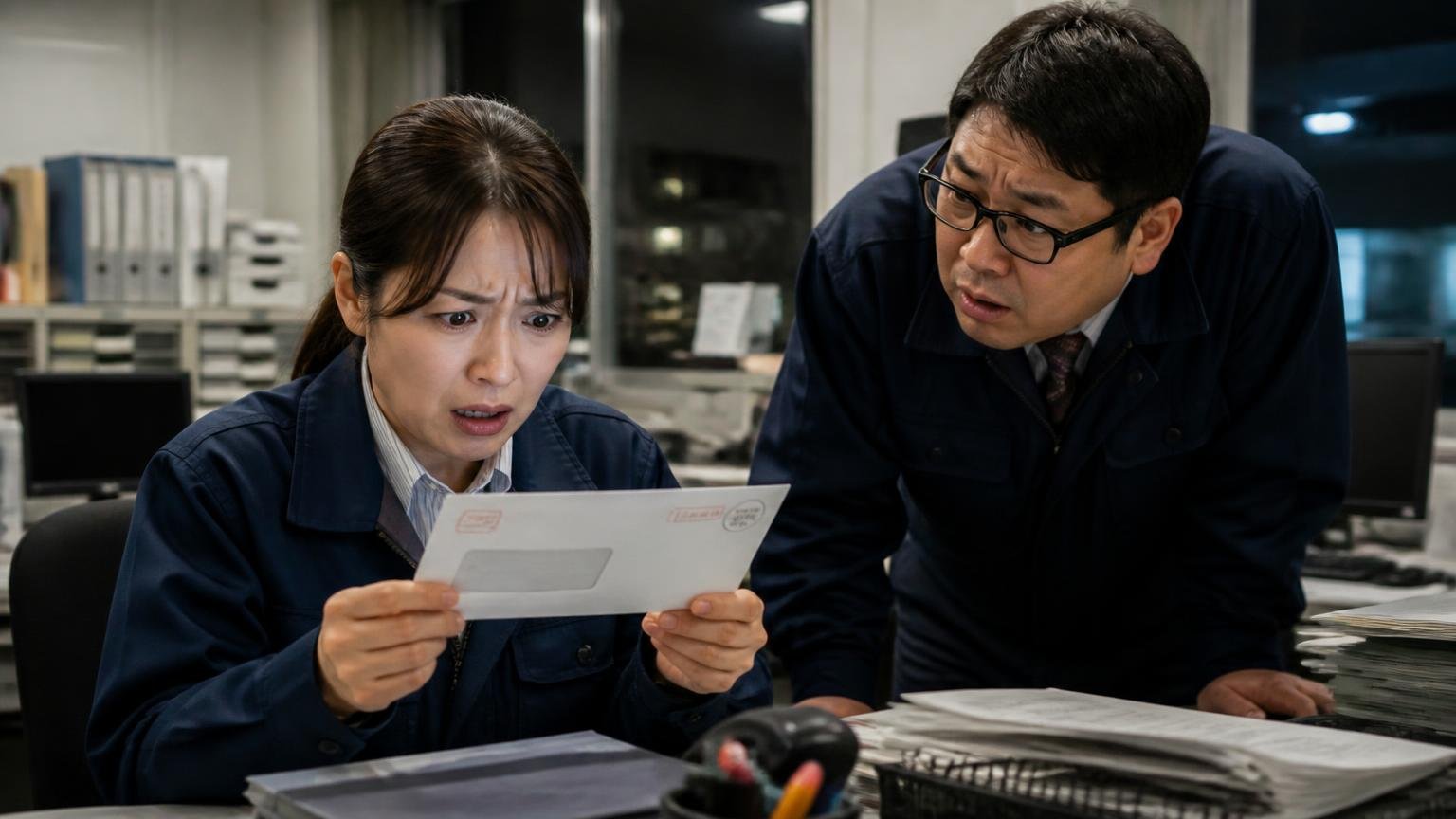 名義変更の完了時期は書面で約束してもらう、夜の運送会社の事務所で、届いた自動車税の封筒を手に固まる女性事務員と、のぞき込む同僚の男性