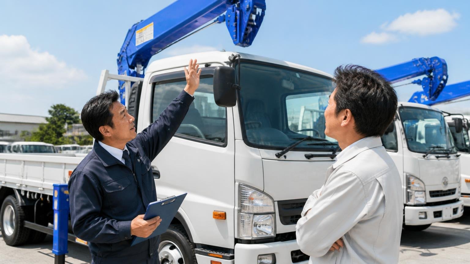 自分のトラックの車種・架装を得意にしているか 展示場に並ぶクレーン付きトラックの前 クレーンを見上げて説明する男性と聞き入る男性